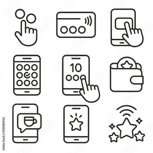 Loyalty Line Icons. Line style icons of loyalty and rewards with tap: earn points icon, NFC loyalty card, tap to redeem, digital