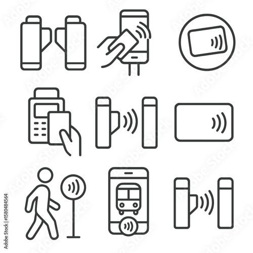 Contactless Transit Icons. Line style icons of public transport and access: tap card on metro gate, phone tap on bus reader,