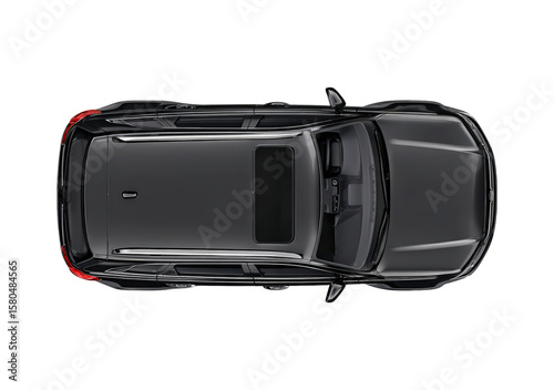 Top view of a modern black suv with a sunroof on transparent background, PNG