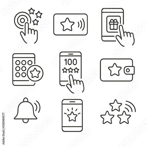 Loyalty Line Icons. Line style icons of loyalty and rewards with tap: earn points icon, NFC loyalty card, tap to redeem, digital