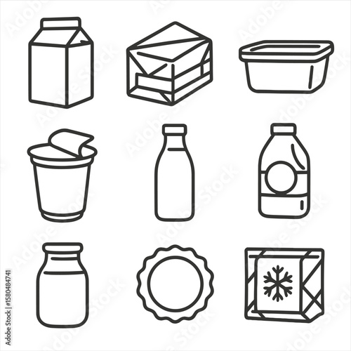 Dairy Packaging Icons. Line style icons of dairy product packaging: milk carton, cheese wrap, butter tub, yogurt cup with foil lid
