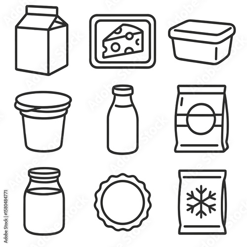 Dairy Packaging Icons. Line style icons of dairy product packaging: milk carton, cheese wrap, butter tub, yogurt cup with foil lid
