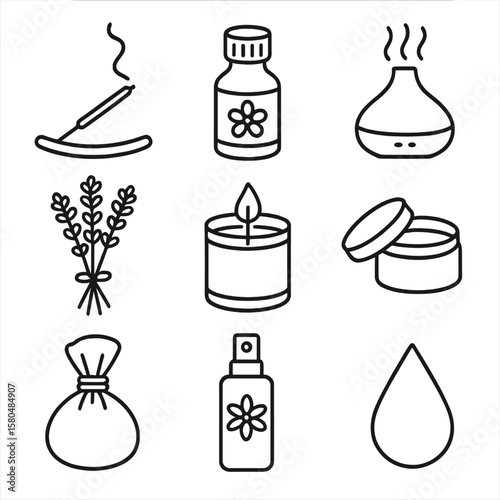 Calming Scent Icons. Line style icons of calming scents and aids: incense stick, essential oil bottle, aroma diffuser, lavender