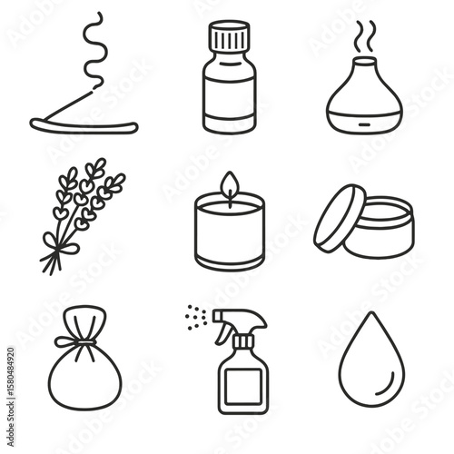 Calming Scent Icons. Line style icons of calming scents and aids: incense stick, essential oil bottle, aroma diffuser, lavender