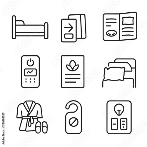 Hotel Sleep Icons. Line style icons of hotel sleep experience: hotel bed, room keycard, pillow menu, sleep timer remote, welcome