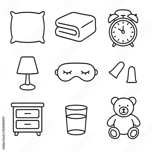 Bedtime Essentials Icons. Line style icons of Bedtime Essentials: pillow, blanket, alarm clock, bedside lamp, sleep mask, earplugs