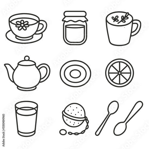 Relaxation Drink Icons. Line style icons of Relaxation Drinks: chamomile tea cup, honey jar, lavender latte mug, warm milk glass,