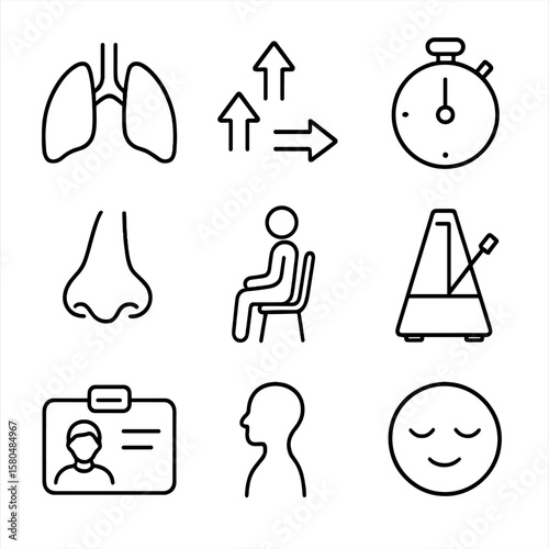 Breathing Exercise Icons. Line style icons of Breathing Exercises: lungs icon, inhale arrow, exhale arrow, stopwatch, nose clip