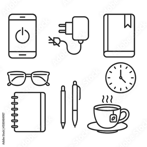 Digital Detox Essentials. Line style icons of Digital Detox Evening: smartphone off icon, unplugged charger, hardcover book,