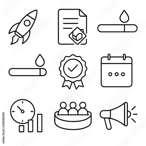 Token Launchpad Icons. Outline style icons of Token Launchpad Process: project rocket icon, whitepaper file, soft cap target bar,