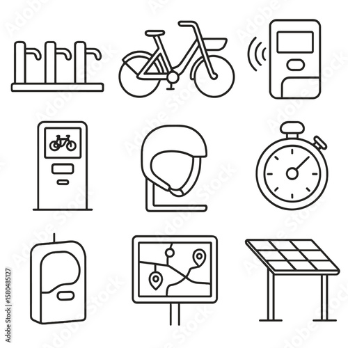 Bike Share Icons. Outline style icons of Bike Share Station: docking rack, smart bike frame, RFID card reader, QR scan panel,