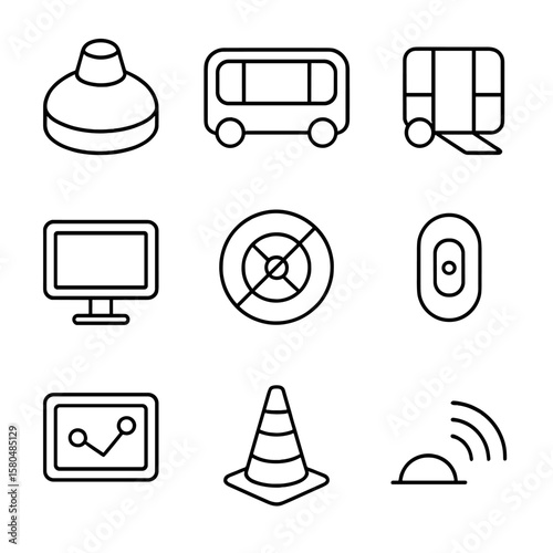 Autonomous Shuttle Icons. Outline style icons of Autonomous Electric Shuttle: lidar dome, panoramic windows, boarding ramp,