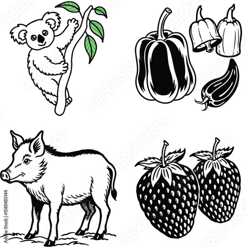 Vector art of a playful koala clings to a branch, accompanied by peppers, strawberries, and a wild boar