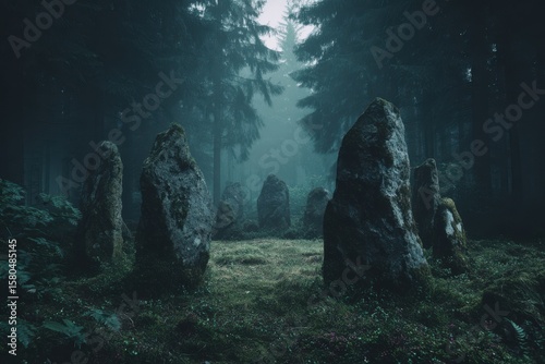 Sinister dark forest clearing with ancient stone circle faintly glowing.