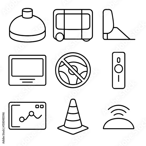 Autonomous Shuttle Icons. Outline style icons of Autonomous Electric Shuttle: lidar dome, panoramic windows, boarding ramp,