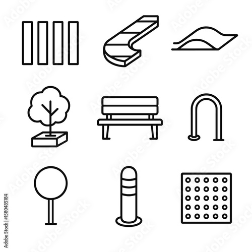 Pedestrian-Friendly Icons. Outline style icons of Pedestrian-First Street: zebra crosswalk, bump-out curb, traffic calming hump,