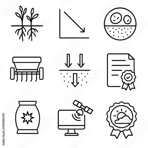 Carbon Sequestration Icons. Outline style icons of Carbon Sequestration Field: cover crop roots, carbon storage graph, soil