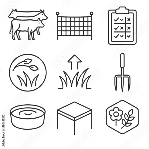 Regenerative Grazing Icons. Outline style icons of Regenerative Grazing: cattle herd, movable fence, grazing plan chart, pasture