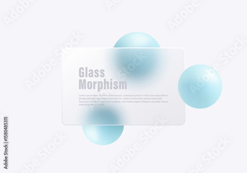 Glass morphism panel with blue 3D spheres on light background.