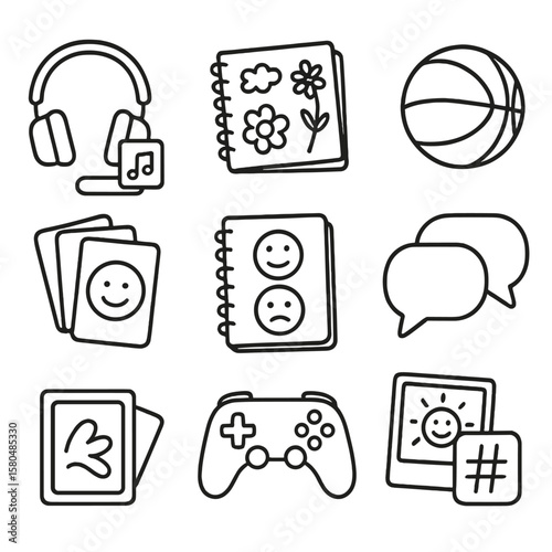 Coping Skills Icons. Outline style icons of Coping Skills for Teens: playlist headphones, doodle sketchbook, sports ball, peer