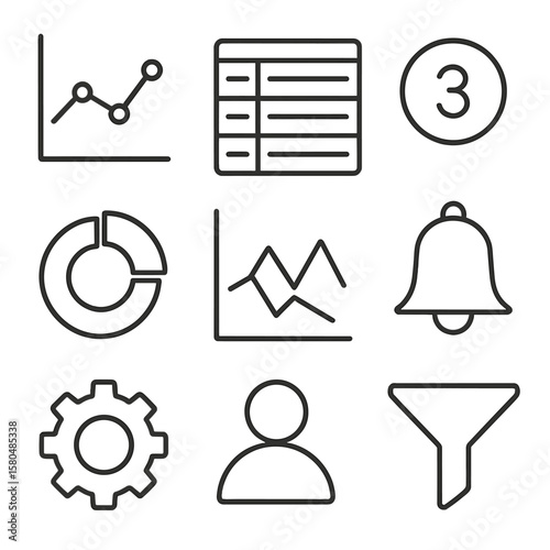 Dashboard Icons Outline. Outline style icons of Learning Management Dashboard: KPI graph, course list table, enrollment count