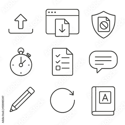Assignment Workflow Icons. Outline style icons of Assignment Submission Workflow: upload button, drag-and-drop file, plagiarism