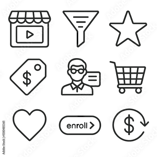 Course Portal Icons. Outline style icons of Course Marketplace Portal: course storefront, category filter, star rating, price tag,