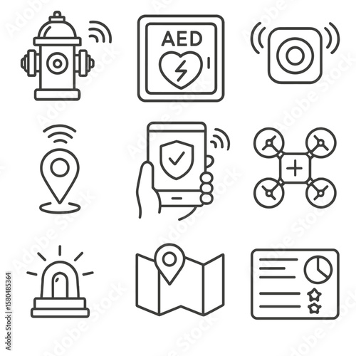 Emergency IoT Icons. Outline style icons of Emergency Response IoT: smart fire hydrant, AED box sensor, panic button, location