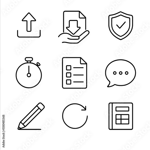 Assignment Workflow Icons. Outline style icons of Assignment Submission Workflow: upload button, drag-and-drop file, plagiarism