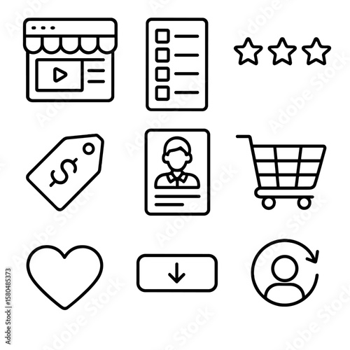 Course Portal Icons. Outline style icons of Course Marketplace Portal: course storefront, category filter, star rating, price tag,