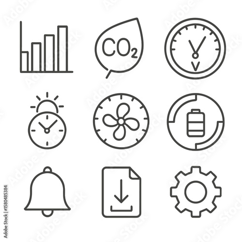 Renewable Energy Icons. Outline style icons of Renewable Energy Dashboard: generation bar graph, CO₂ saved leaf, real-time watt