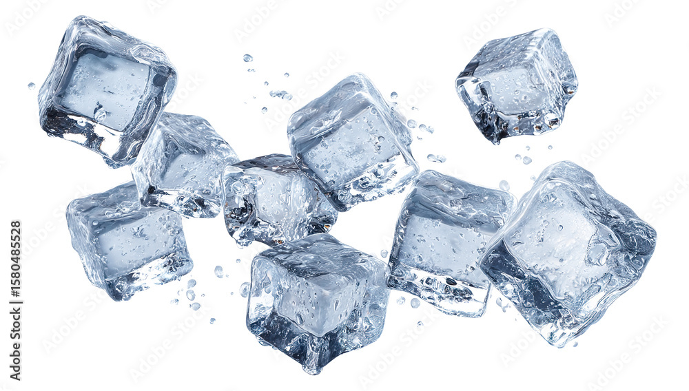 Obraz premium Multiple frozen ice cubes scattered with water drops, isolated on transparent cutout background