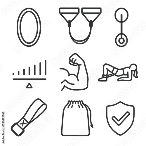 Resistance Band Icons. Outline style icons of Resistance Band Training: loop band, tube band handles, door anchor, tension level