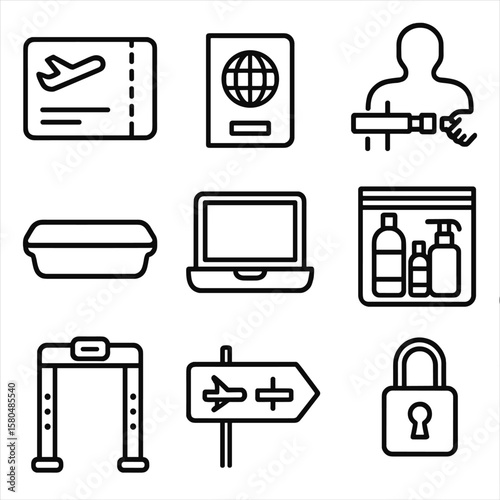 Airport Security Icons. Outline style icons of Airport Security Items: boarding pass, passport, security tray, belt removal icon,