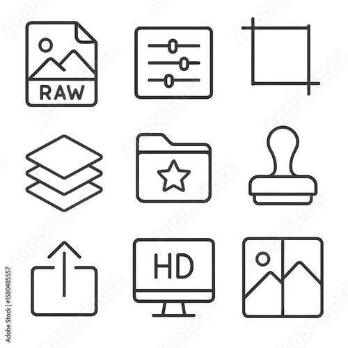 Photography Editing Icons. Outline style icons of Photography Editing Pipeline: RAW file icon, color grading slider, crop tool,