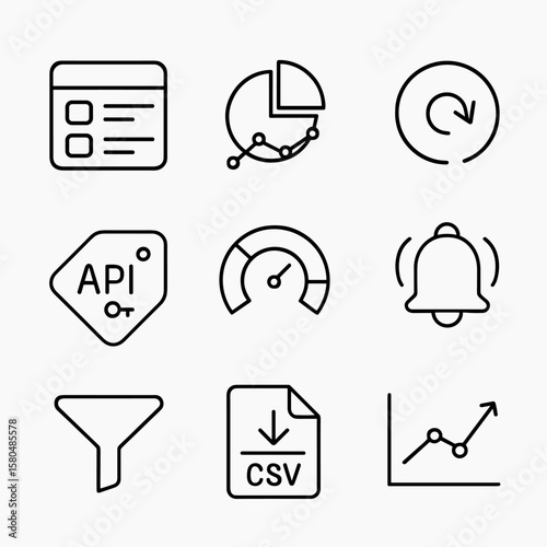 Payment Dashboard Icons. Outline style icons of Payment Gateway Dashboard: transaction table, settlement chart, refund arrow, API