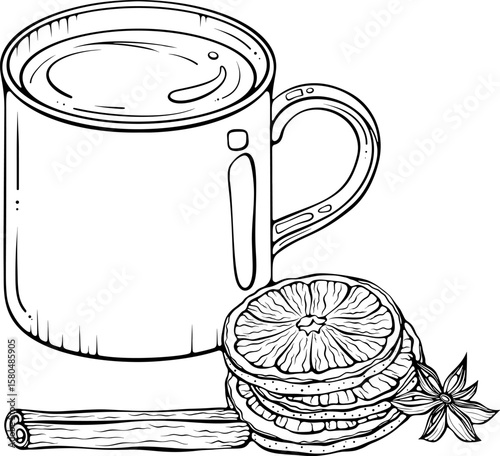 Hot tea in a metal cup with dried orange slices and a cinnamon stick. Cozy winter beverage composition. Vector illustration in hand drawn sketch style. Line art isolated on white for coloring book