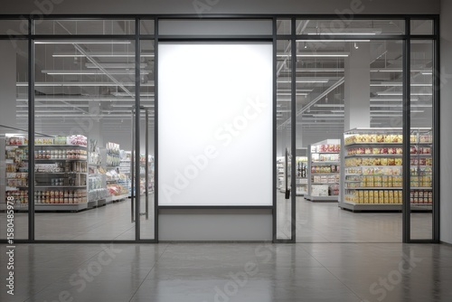supermarket entrance with empty poster frame, showcasing spacious interior filled with shelves of products.