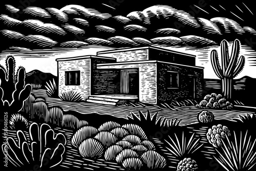 Desert villa with adobe walls, flat roof, and cactus garden under vast sky, captured in black and white line art illustration for southwestern, arid, and architectural concept design