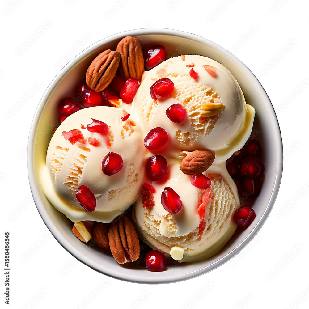 Fototapeta premium Delightful vanilla ice cream with ruby pomegranate seeds and crunchy almonds in a white bowl png