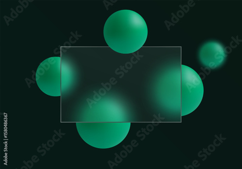 Dark glass morphism panel with green spheres on black background.