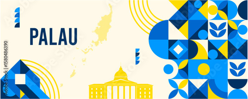 Colorful Geometric Palau  Banner with Cultural Symbols and Flag Elements