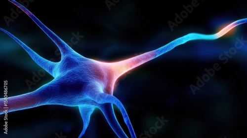 Spiking Neural Network Concepts. A detailed 3D visualization of a glowing neuron, with dendrites and axon highlighted in vibrant blue and red against a dark background.