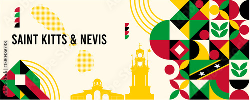Colorful Geometric Saint Kitts Nevis Banner with Cultural Symbols and Flag Elements