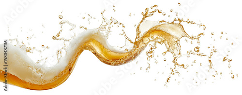 Splashing beer wave with foam and drops, isolated on transparent cutout background