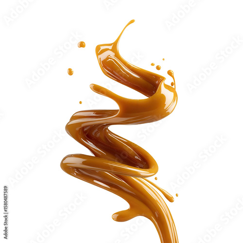 Smooth caramel swirl with drops in motion, isolated on transparent cutout background