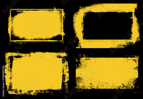 A versatile set of four high-contrast vector grunge frames. This collection offers varied distressed styles in yellow and black, including a bold inverted version for maximum design impact.