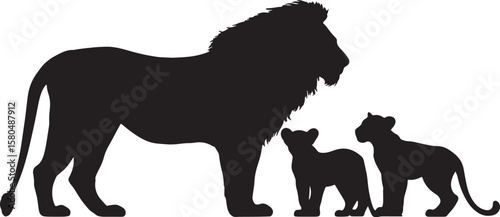 Strong black silhouette of a majestic male lion with two adorable cubs, showcasing family and wildlife on a transparent background.

