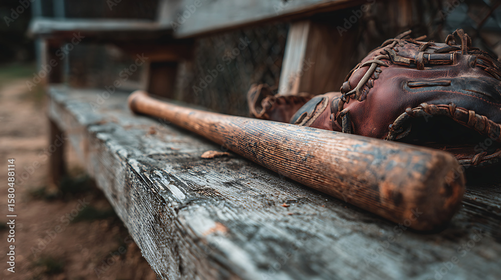 Baseball Glove and Bat on Bench by Field Baseball Glove and Bat on Bench by Field