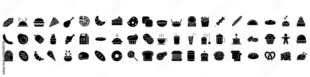 Fototapeta premium Food and drink icon vector set. Restaurant illustration sign collection. Сontains fast food, beverage, vegetables, fruits, desserts, meat, fish, coffee, cocktail and more. Editable line icons.